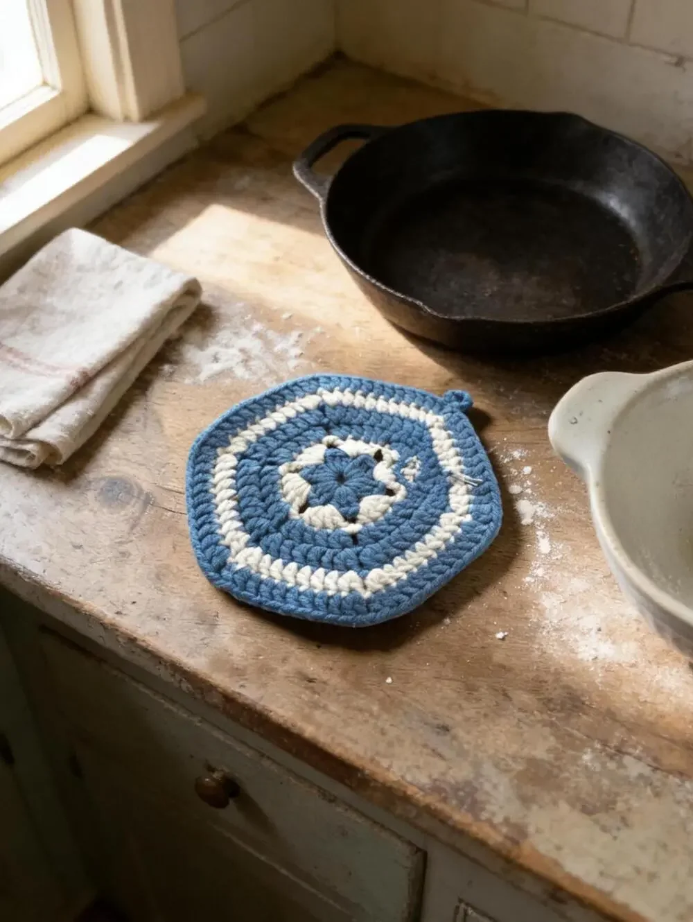 Handmade Trivet Vintage Blue White Crochet Hot Pad, Countertop Saver, Heat